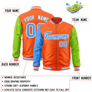 Custom Orange Powder Blue Neon Green Varsity Full-Zip Raglan Sleeves Letterman Bomber Jacket