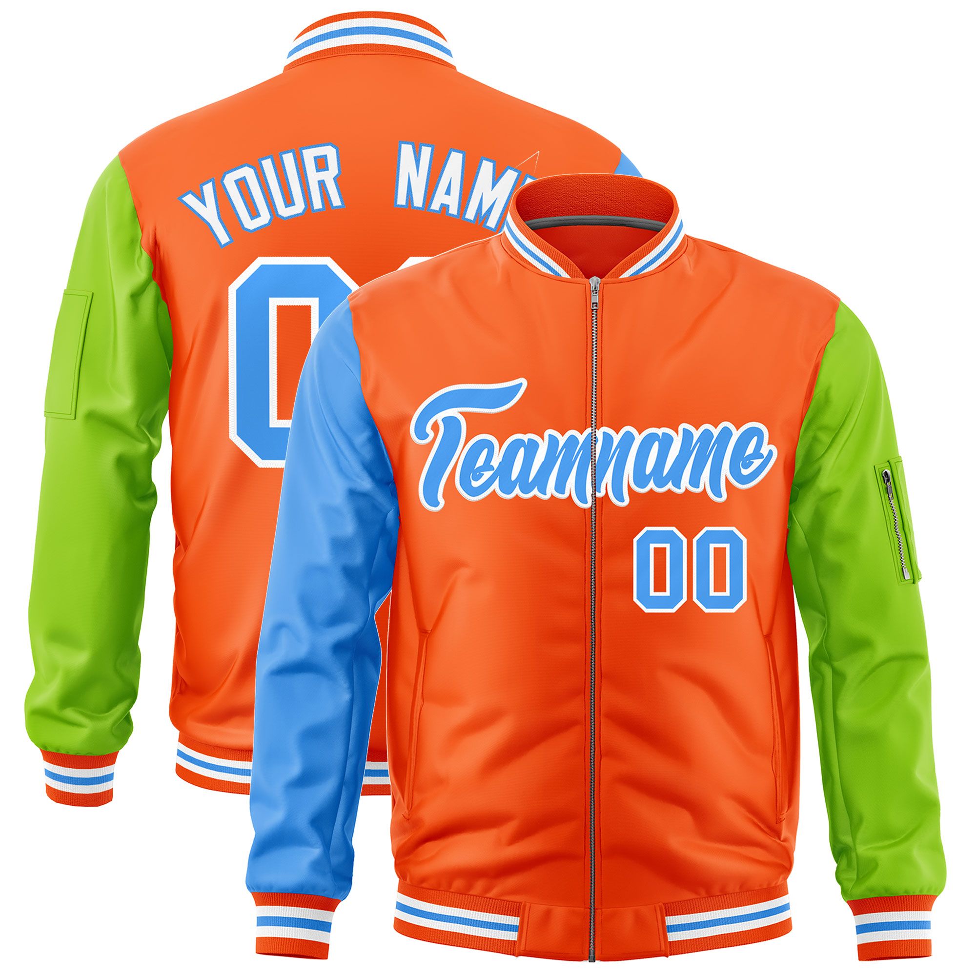 Custom Orange Powder Blue Neon Green Varsity Full-Zip Raglan Sleeves Letterman Bomber Jacket