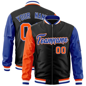 Custom Black Orange Royal Varsity Full-Zip Raglan Sleeves Letterman Bomber Jacket