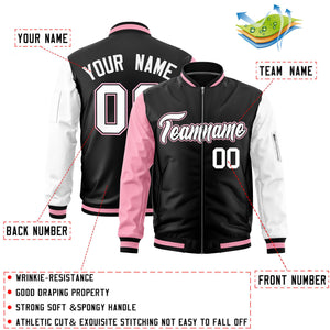 Custom Black Light Pink White Varsity Full-Zip Raglan Sleeves Letterman Bomber Jacket