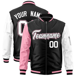 Custom Black Light Pink White Varsity Full-Zip Raglan Sleeves Letterman Bomber Jacket