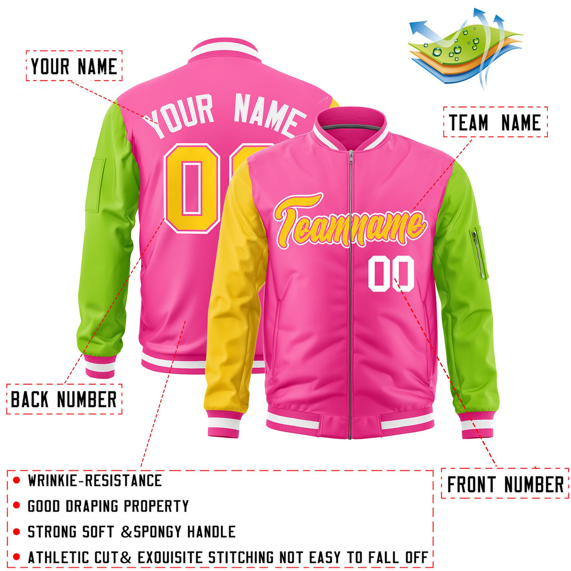 Custom Pink Gold Neon Green Varsity Full-Zip Raglan Sleeves Letterman Bomber Jacket