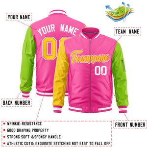 Custom Pink Gold Neon Green Varsity Full-Zip Raglan Sleeves Letterman Bomber Jacket