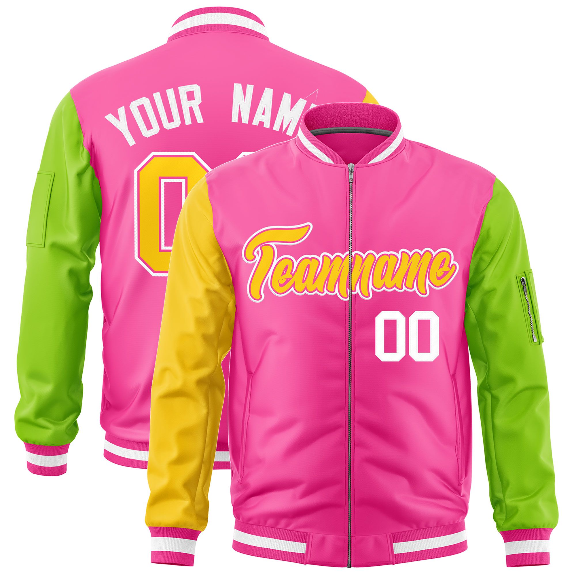 Custom Pink Gold Neon Green Varsity Full-Zip Raglan Sleeves Letterman Bomber Jacket