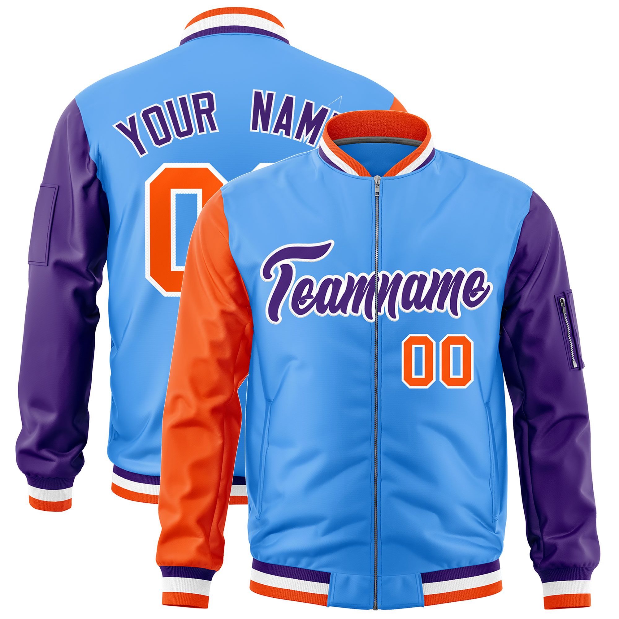 Custom Powder Blue Orange Purple Varsity Full-Zip Raglan Sleeves Letterman Bomber Jacket