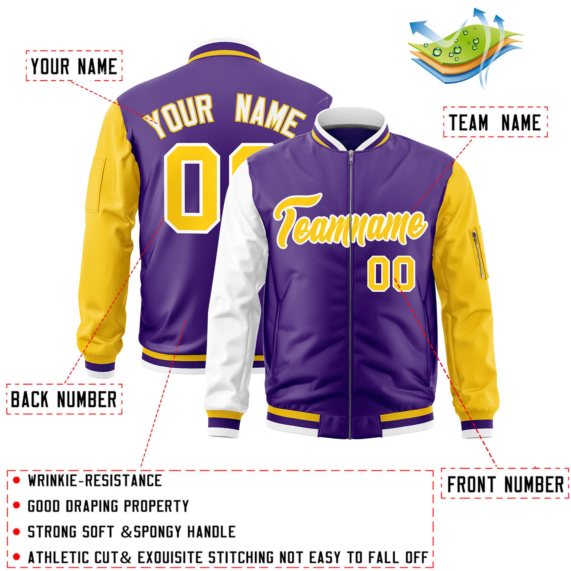 Custom Purple White Gold Varsity Full-Zip Raglan Sleeves Letterman Bomber Jacket