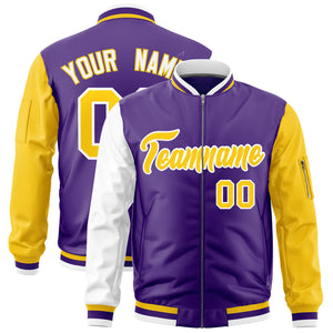 Custom Purple White Gold Varsity Full-Zip Raglan Sleeves Letterman Bomber Jacket