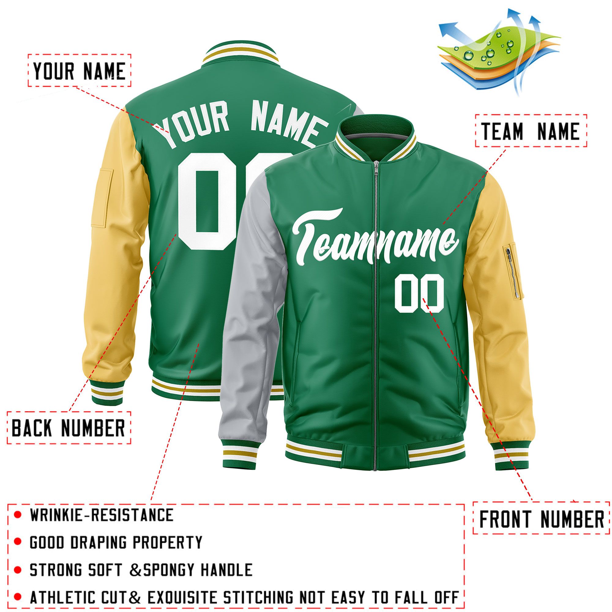 Custom Kelly Green Silver Old Gold Varsity Full-Zip Raglan Sleeves Letterman Bomber Jacket