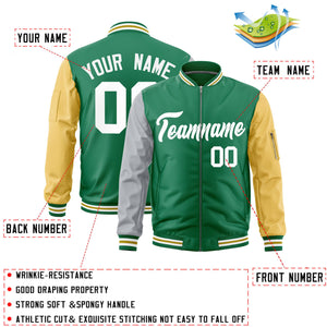 Custom Kelly Green Silver Old Gold Varsity Full-Zip Raglan Sleeves Letterman Bomber Jacket