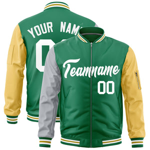 Custom Kelly Green Silver Old Gold Varsity Full-Zip Raglan Sleeves Letterman Bomber Jacket