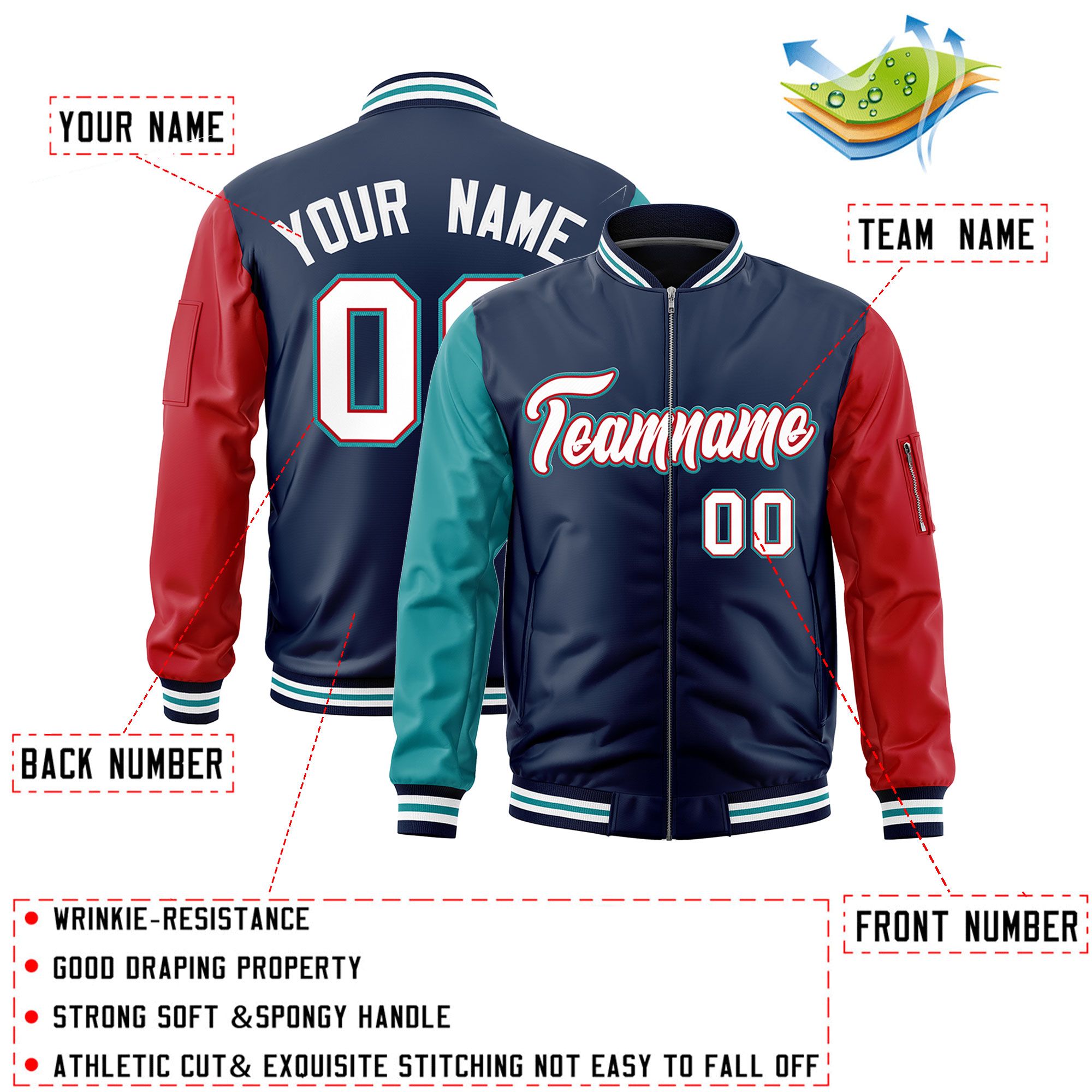 Custom Navy Aqua Red Varsity Full-Zip Raglan Sleeves Letterman Bomber Jacket