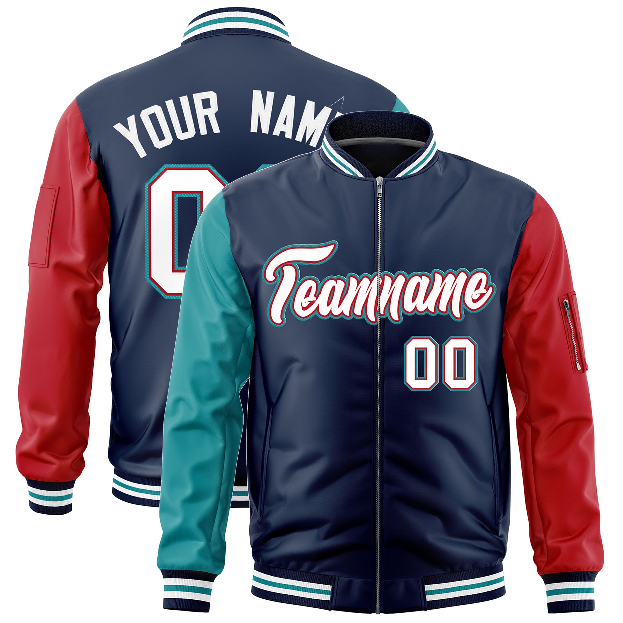 Custom Navy Aqua Red Varsity Full-Zip Raglan Sleeves Letterman Bomber Jacket