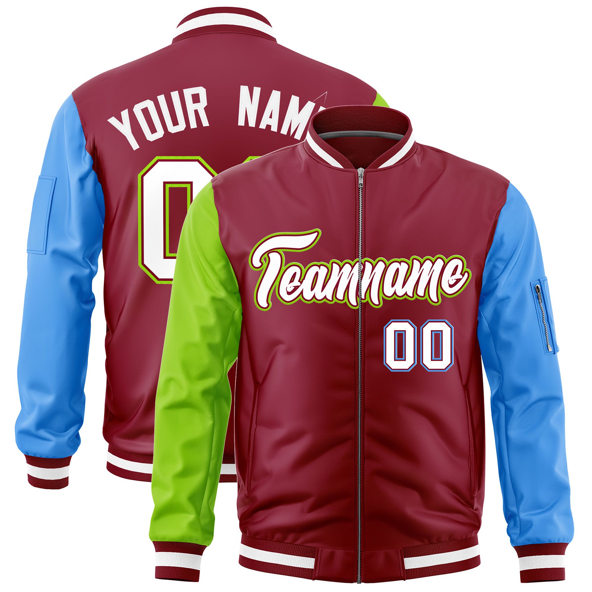 Custom Crimson Neon Green Powder Blue Varsity Full-Zip Raglan Sleeves Letterman Bomber Jacket