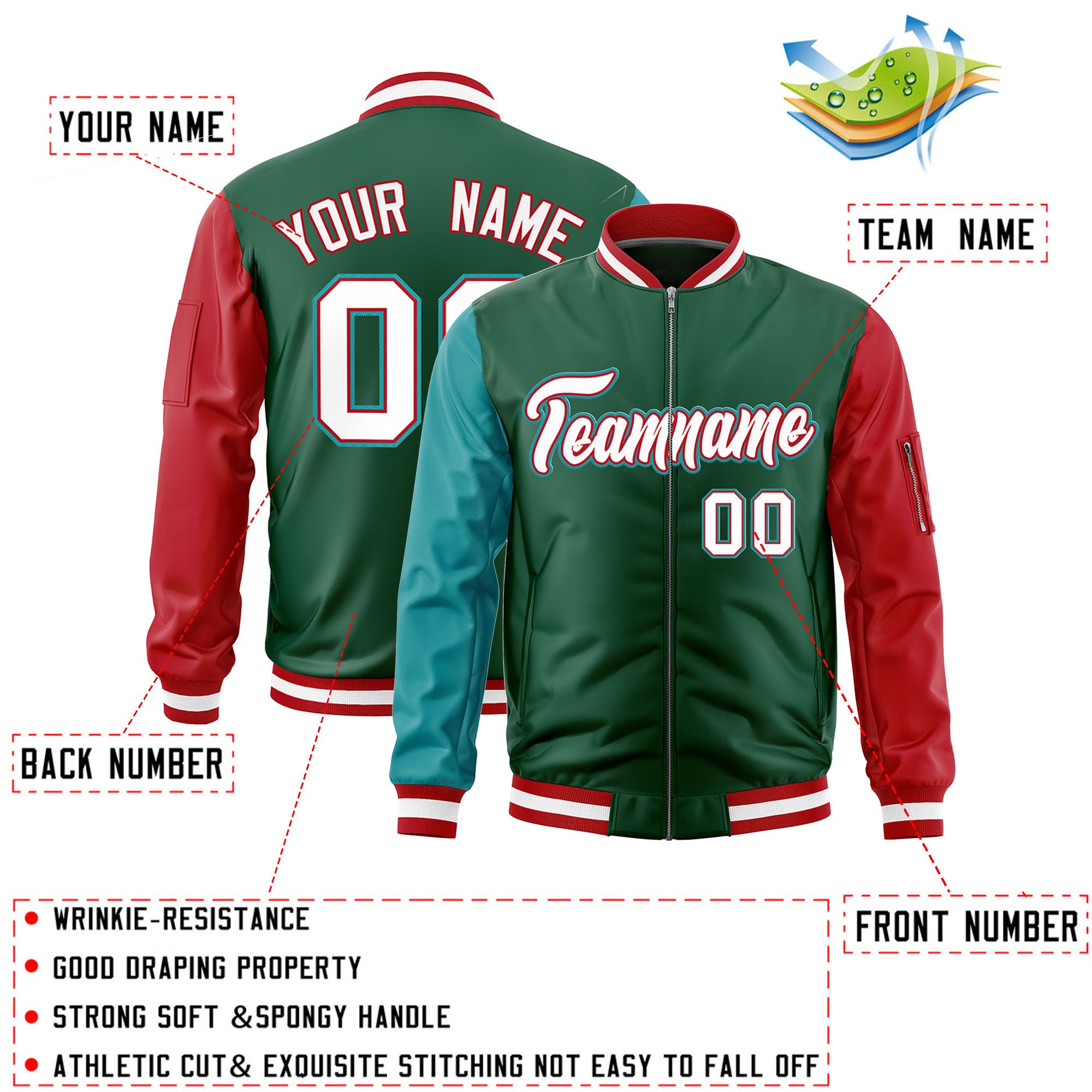 Custom Green Aqua Red Varsity Full-Zip Raglan Sleeves Letterman Bomber Jacket