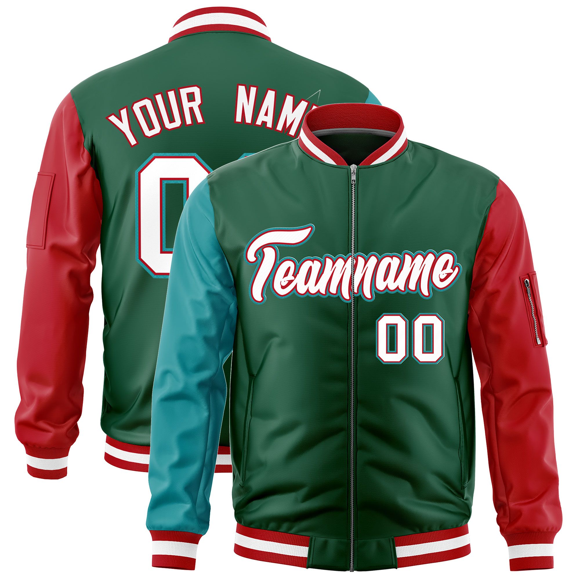 Custom Green Aqua Red Varsity Full-Zip Raglan Sleeves Letterman Bomber Jacket