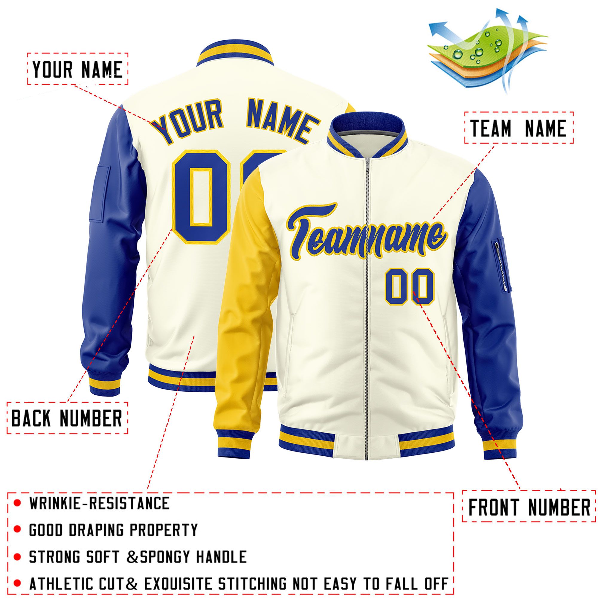 Custom Cream Gold Royal Varsity Full-Zip Raglan Sleeves Letterman Bomber Jacket