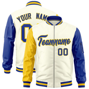 Custom Cream Gold Royal Varsity Full-Zip Raglan Sleeves Letterman Bomber Jacket