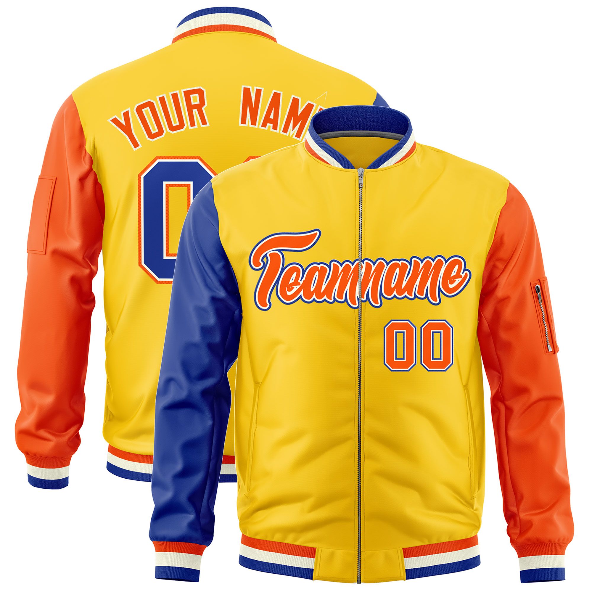 Custom Gold Royal Orange Varsity Full-Zip Raglan Sleeves Letterman Bomber Jacket