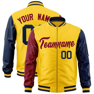 Custom Gold Crimson Navy Varsity Full-Zip Raglan Sleeves Letterman Bomber Jacket