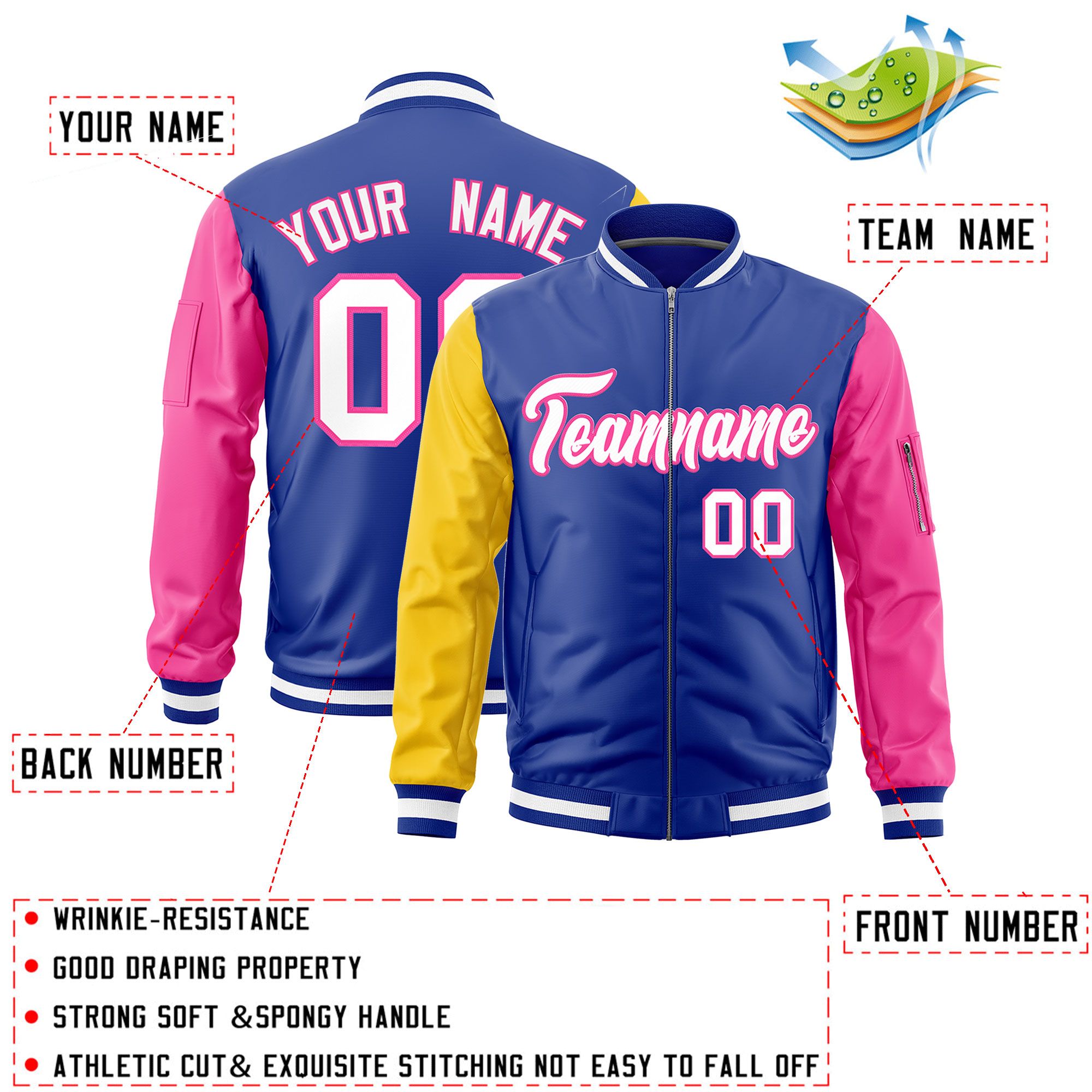 Custom Royal Gold Pink Varsity Full-Zip Raglan Sleeves Letterman Bomber Jacket