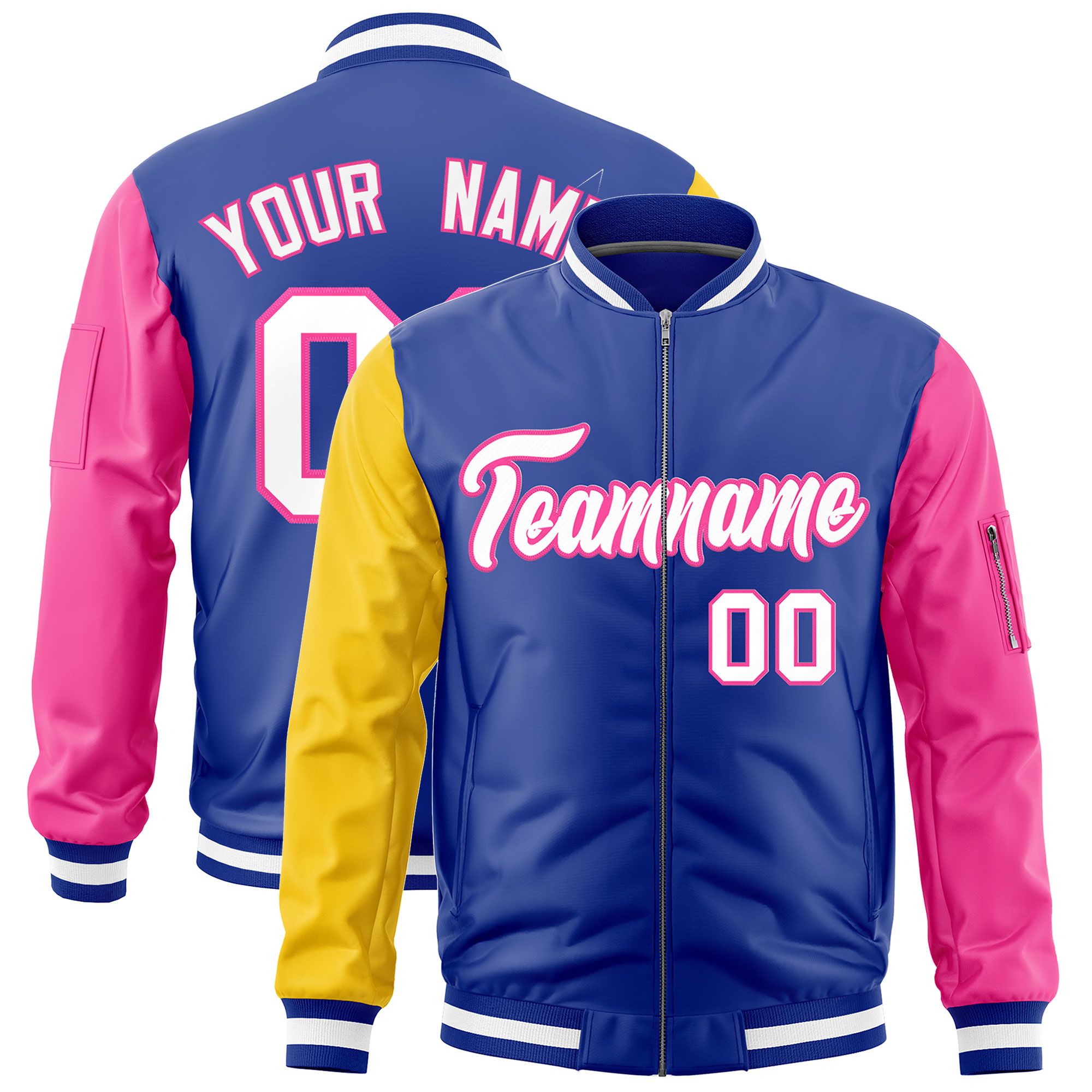 Custom Royal Gold Pink Varsity Full-Zip Raglan Sleeves Letterman Bomber Jacket