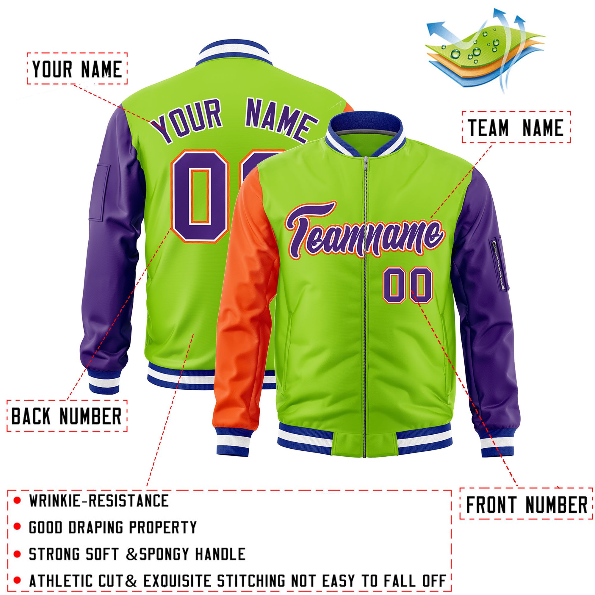 Custom Neon Green Orange Purple Varsity Full-Zip Raglan Sleeves Letterman Bomber Jacket