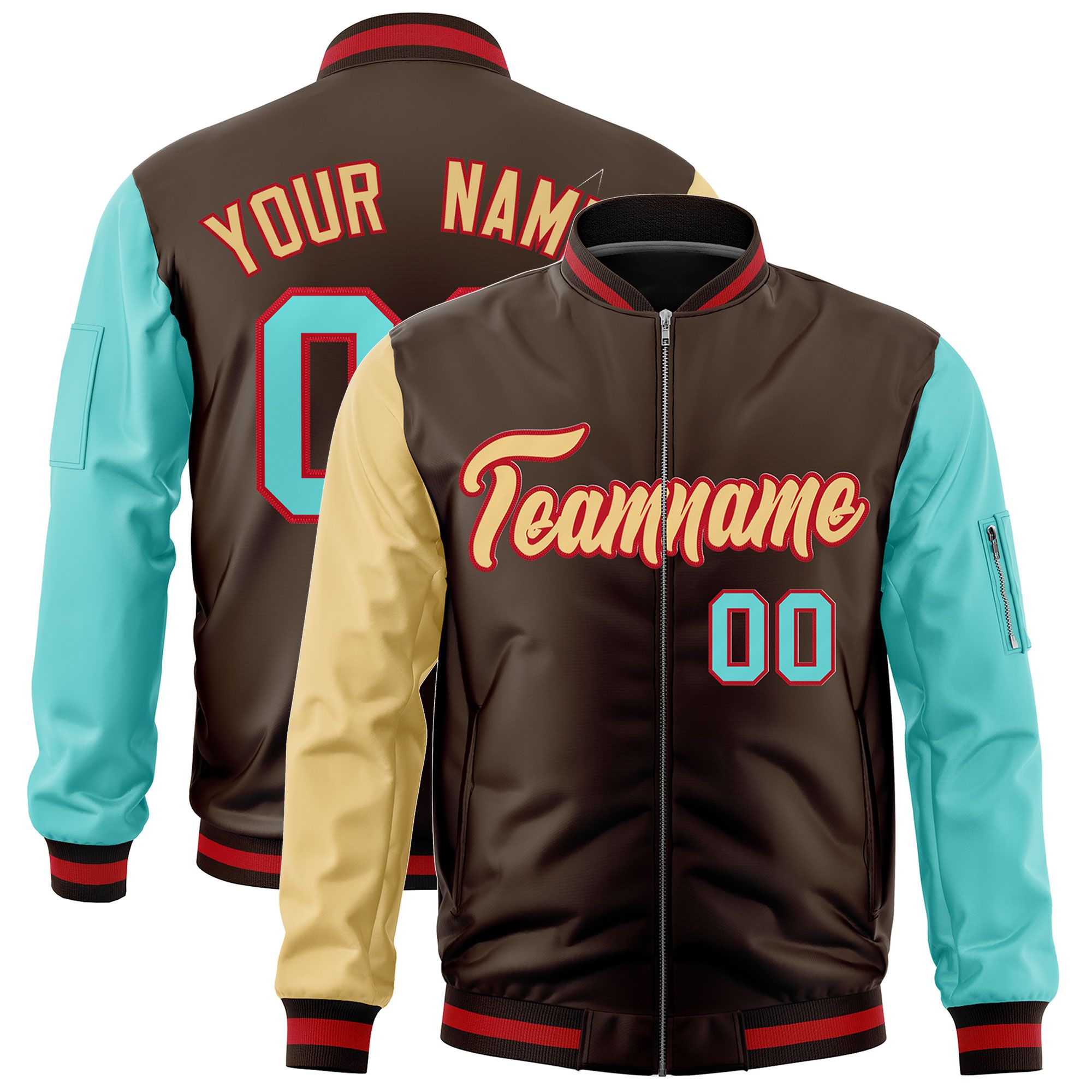 Custom Brown Old Gold Bright Green Varsity Full-Zip Raglan Sleeves Letterman Bomber Jacket