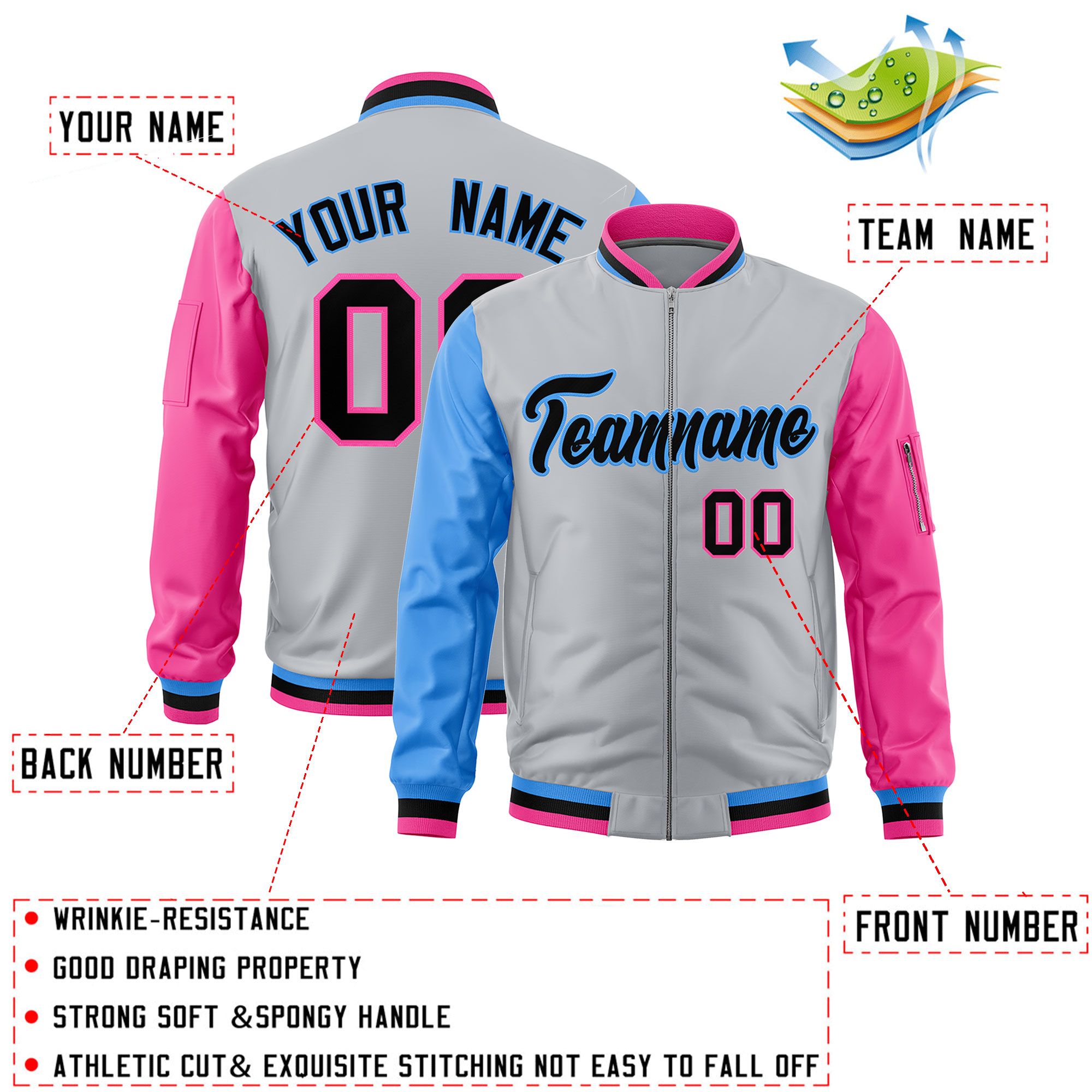 Custom Silver Powder Blue Pink Varsity Full-Zip Raglan Sleeves Letterman Bomber Jacket