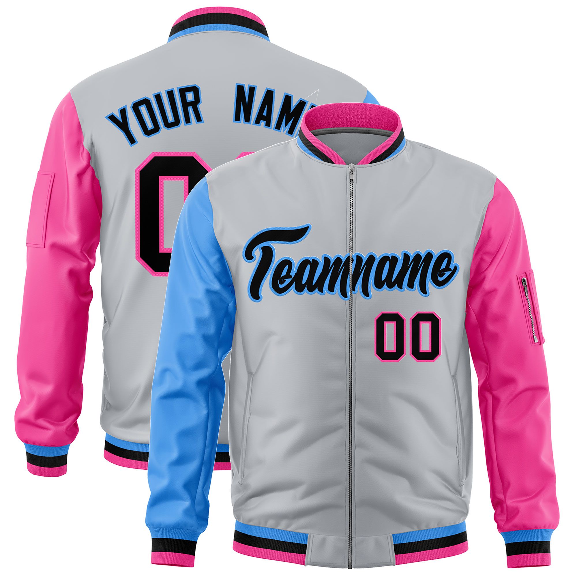 Custom Silver Powder Blue Pink Varsity Full-Zip Raglan Sleeves Letterman Bomber Jacket