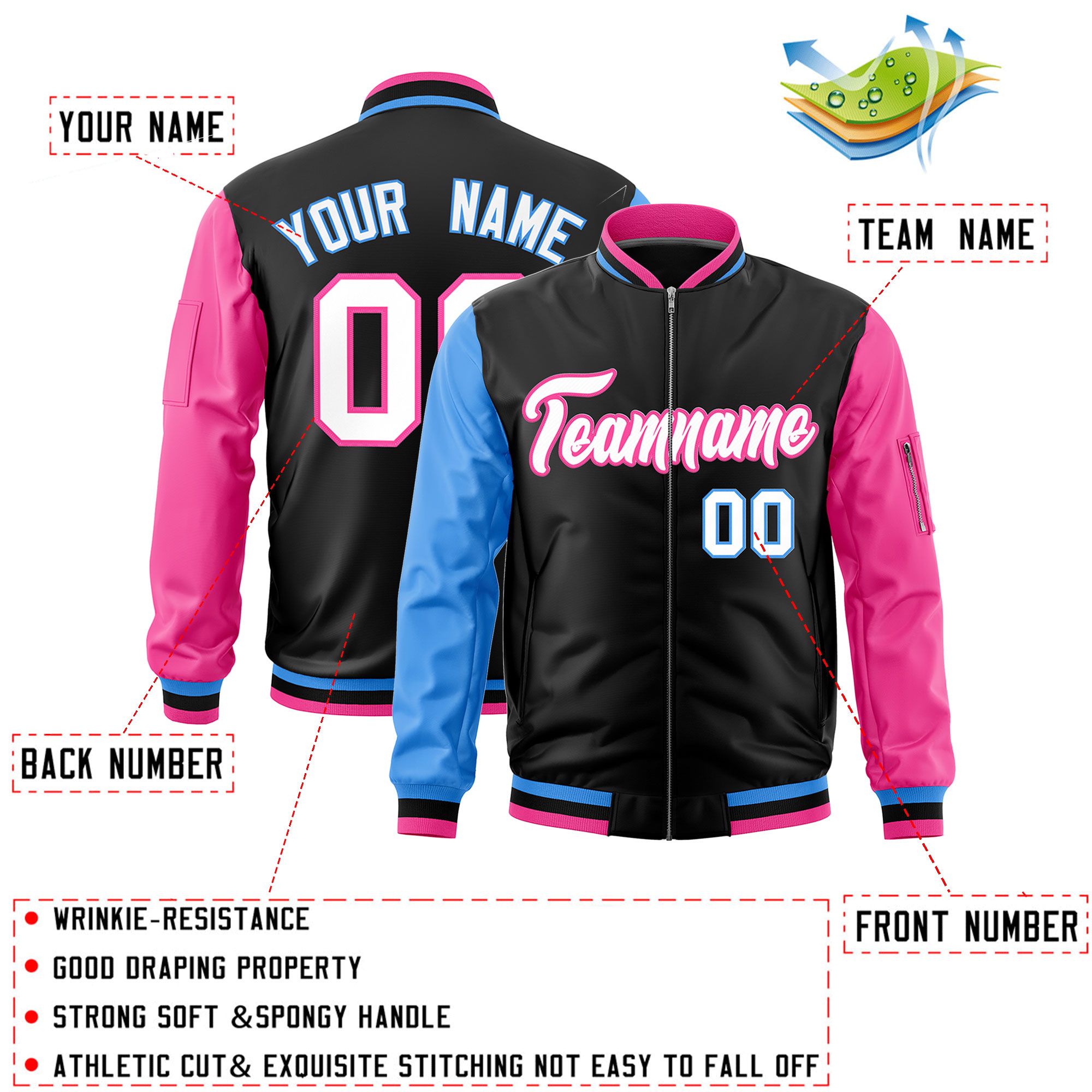 Custom Black Powder Blue Pink Varsity Full-Zip Raglan Sleeves Letterman Bomber Jacket