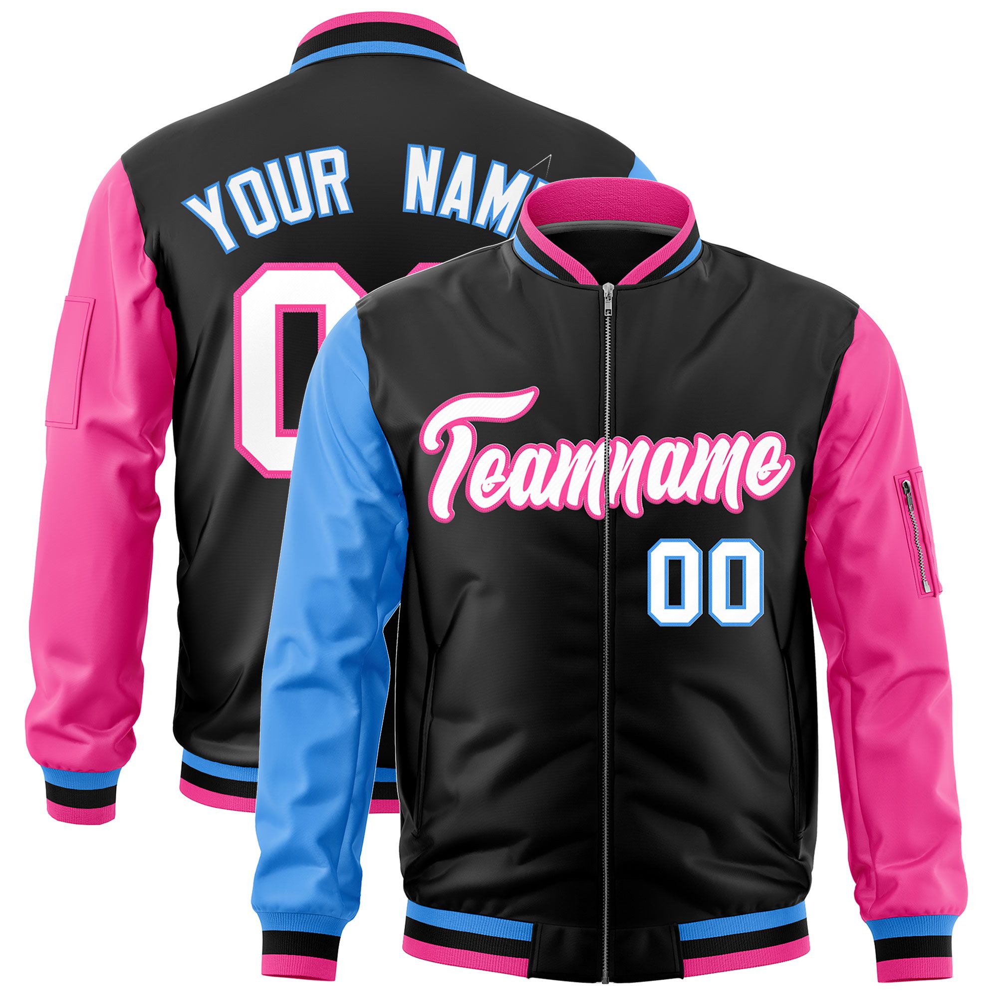 Custom Black Powder Blue Pink Varsity Full-Zip Raglan Sleeves Letterman Bomber Jacket