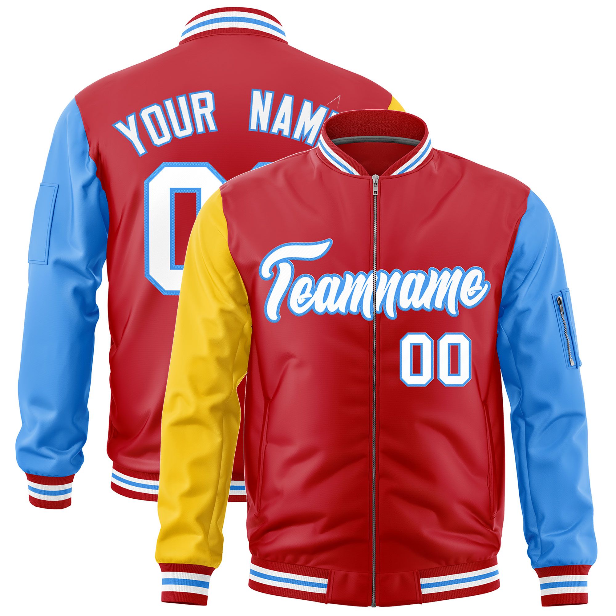 Custom Red Gold Powder Blue Varsity Full-Zip Raglan Sleeves Letterman Bomber Jacket