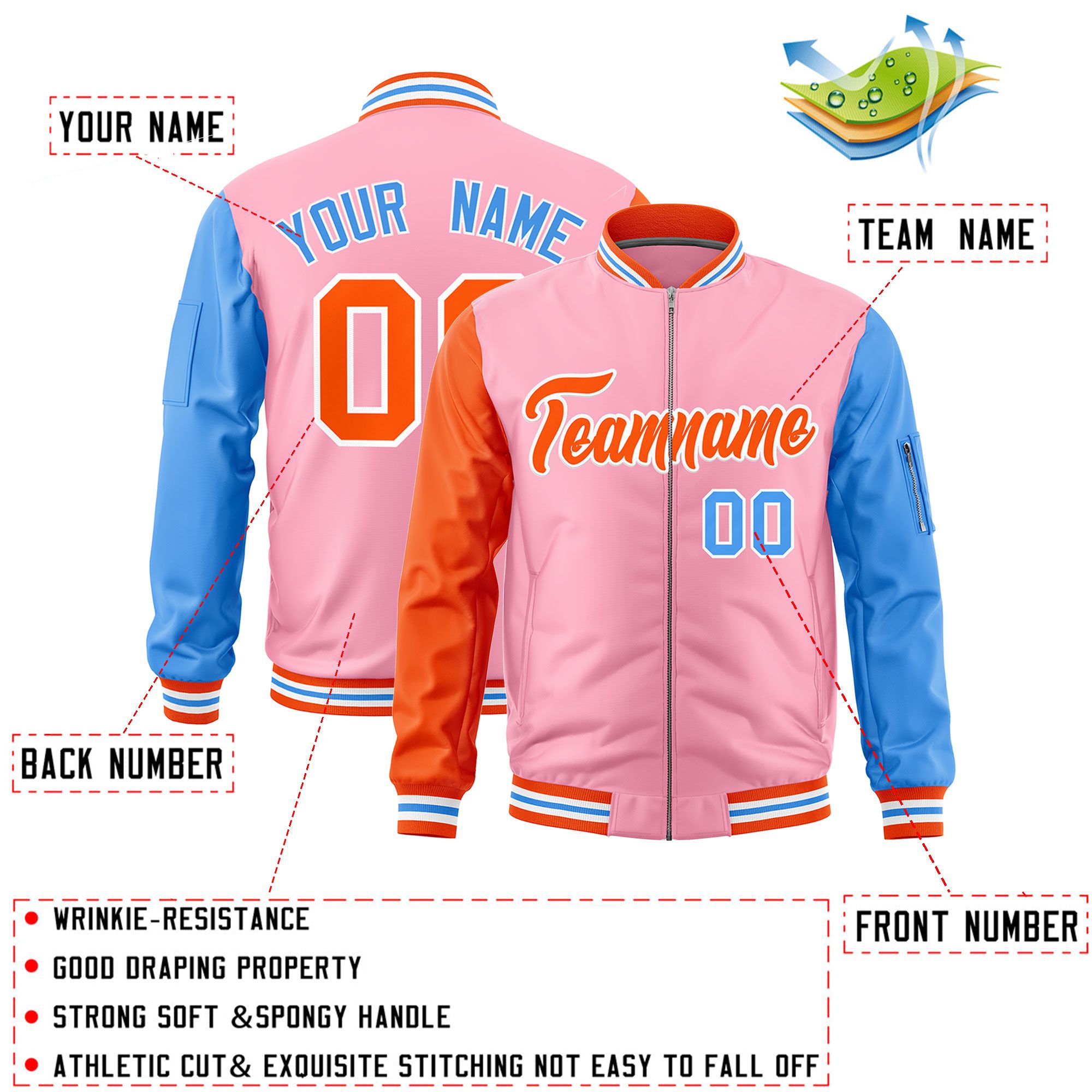 Custom Bright Green Orange Powder Blue Varsity Full-Zip Raglan Sleeves Letterman Bomber Jacket