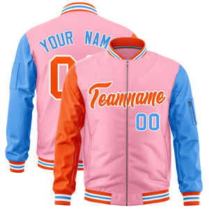 Custom Bright Green Orange Powder Blue Varsity Full-Zip Raglan Sleeves Letterman Bomber Jacket