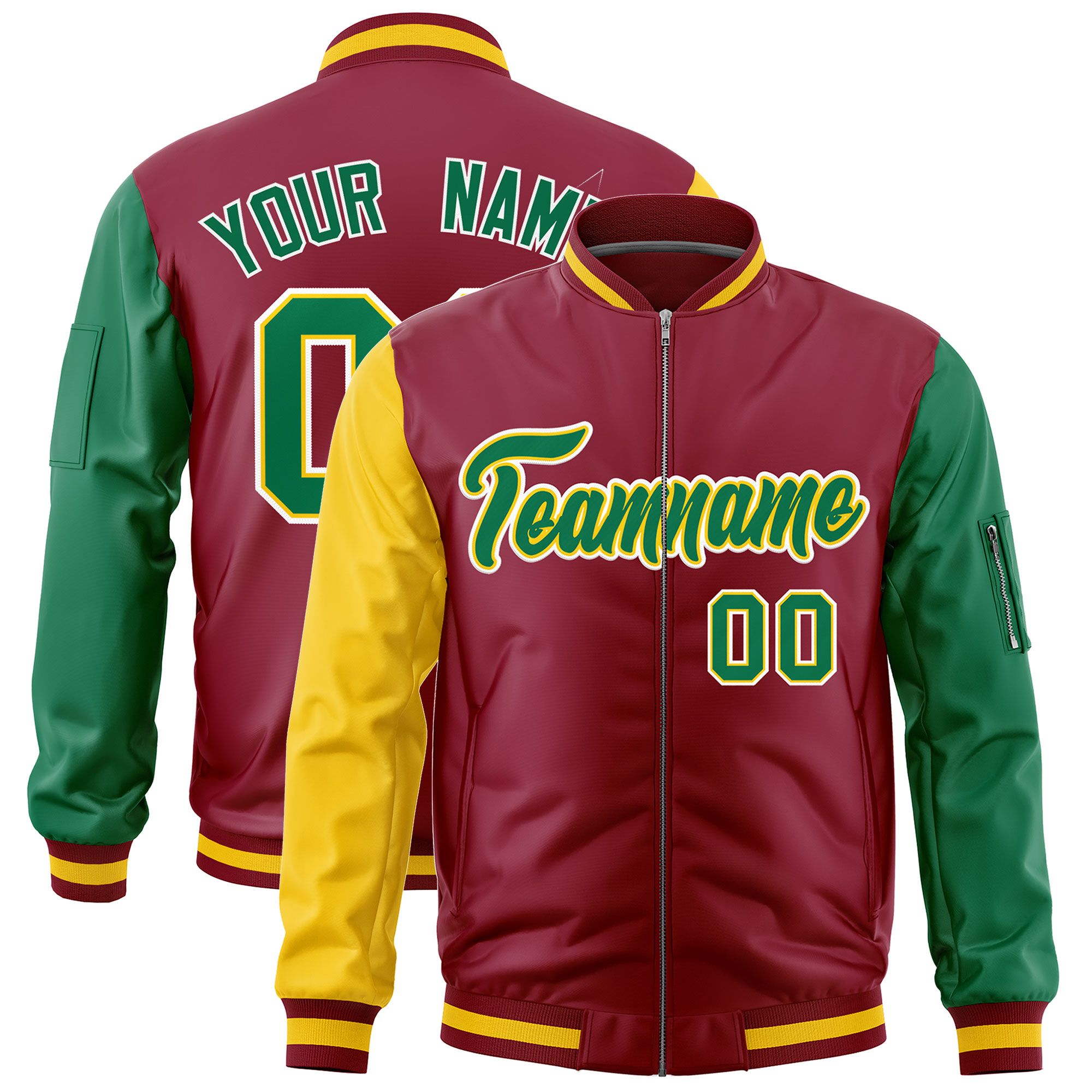 Custom Crimson Gold Kelly Green Varsity Full-Zip Raglan Sleeves Letterman Bomber Jacket