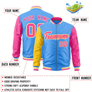 Custom Powder Blue Gold Pink Varsity Full-Zip Raglan Sleeves Letterman Bomber Jacket