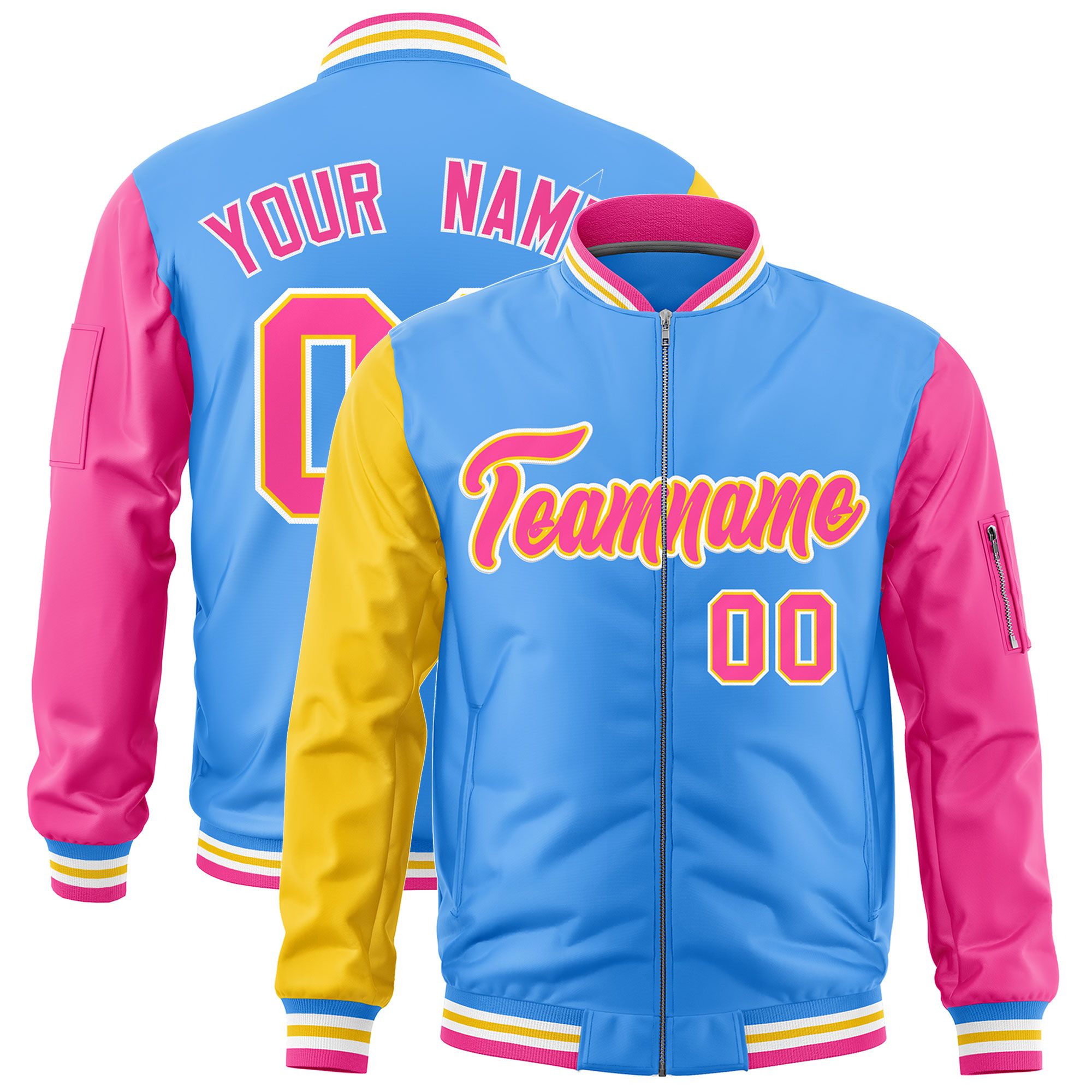 Custom Powder Blue Gold Pink Varsity Full-Zip Raglan Sleeves Letterman Bomber Jacket