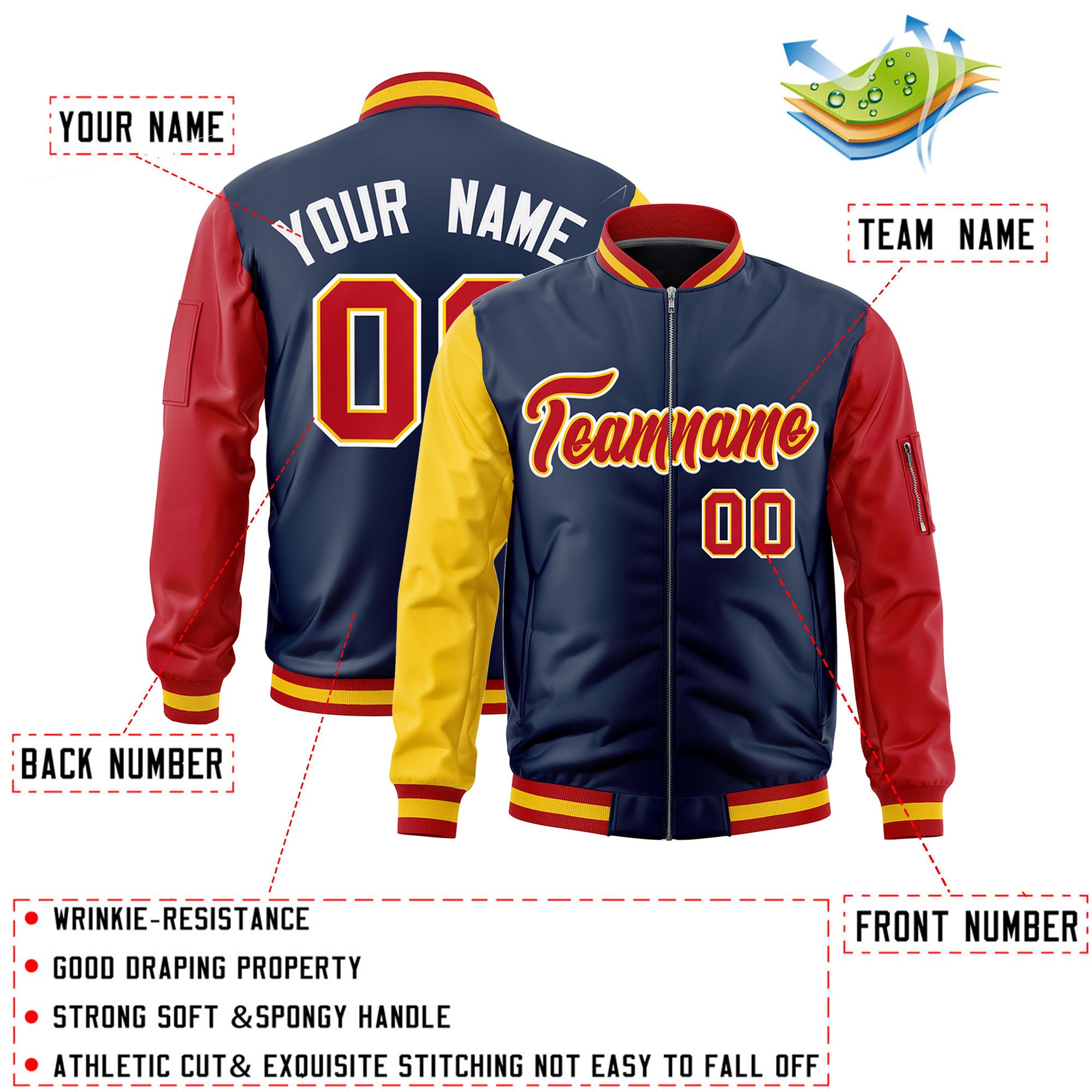 Custom Navy Gold Red Varsity Full-Zip Raglan Sleeves Letterman Bomber Jacket