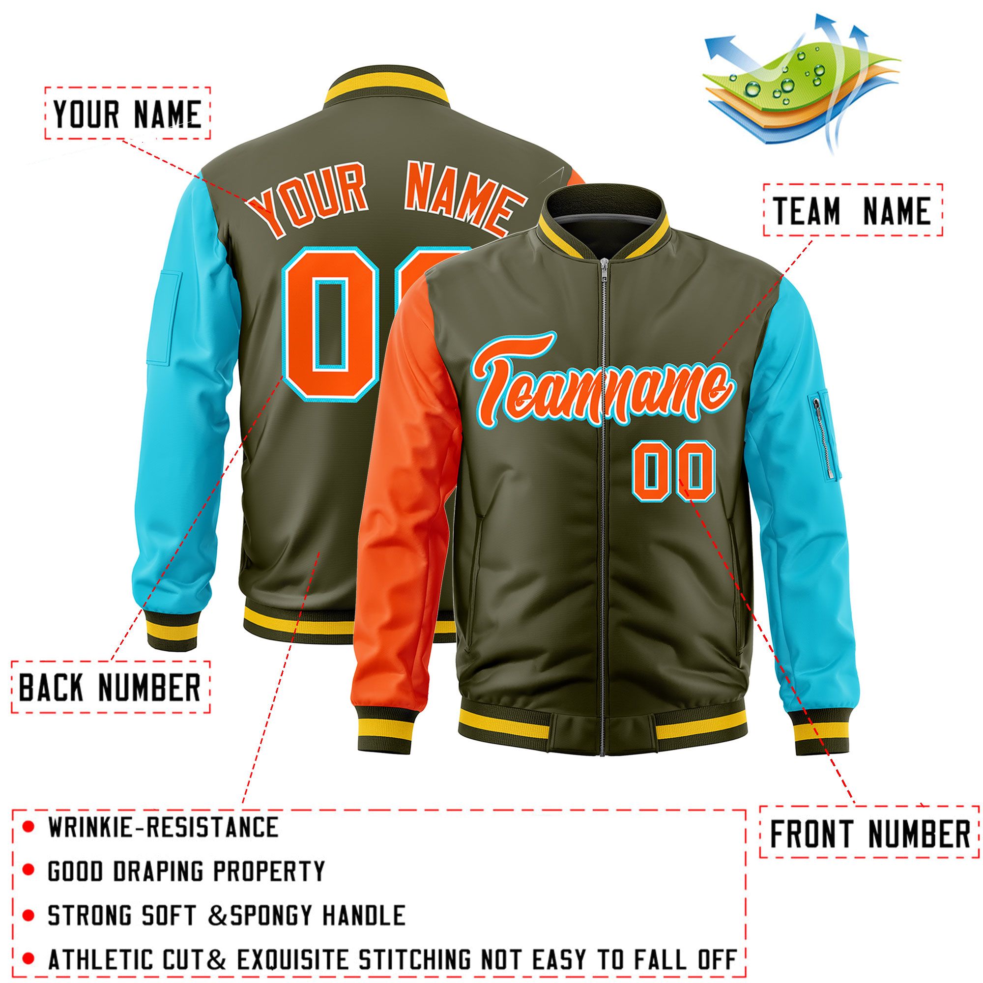 Custom Olive Orange Sky Blue Varsity Full-Zip Raglan Sleeves Letterman Bomber Jacket