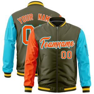 Custom Olive Orange Sky Blue Varsity Full-Zip Raglan Sleeves Letterman Bomber Jacket