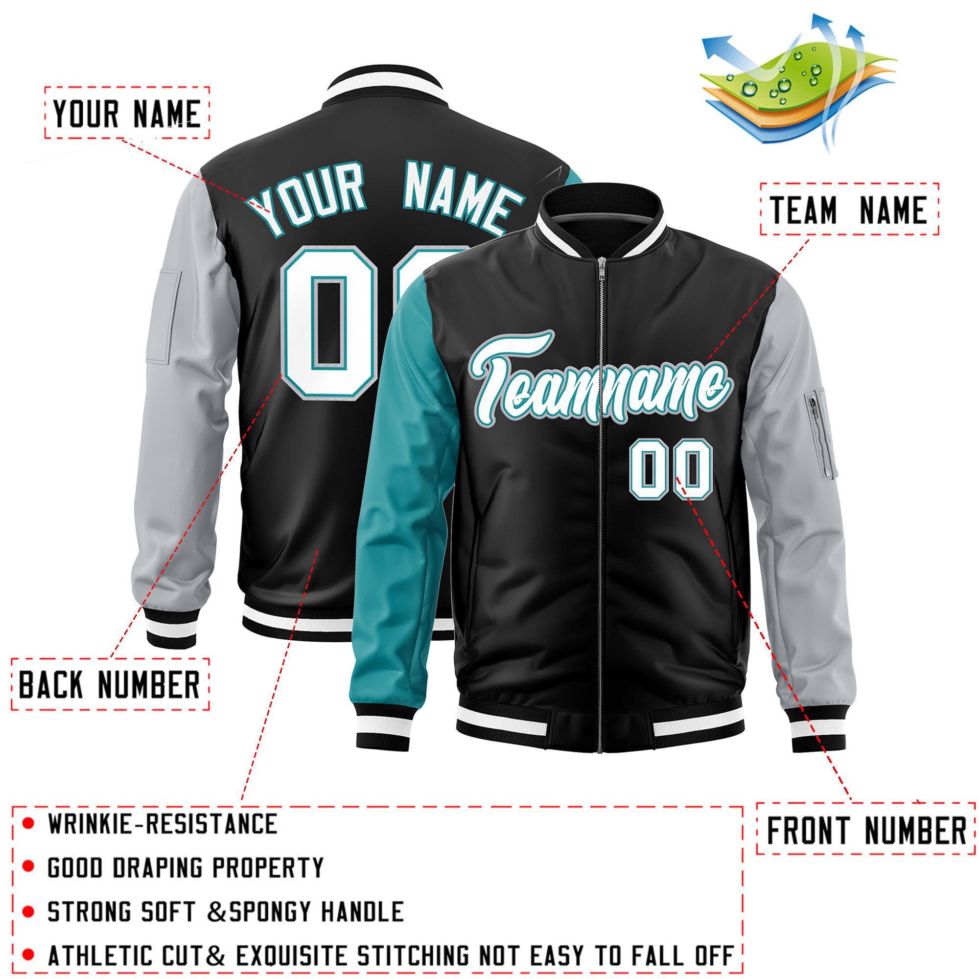 Custom Black Aqua Silver Varsity Full-Zip Raglan Sleeves Letterman Bomber Jacket