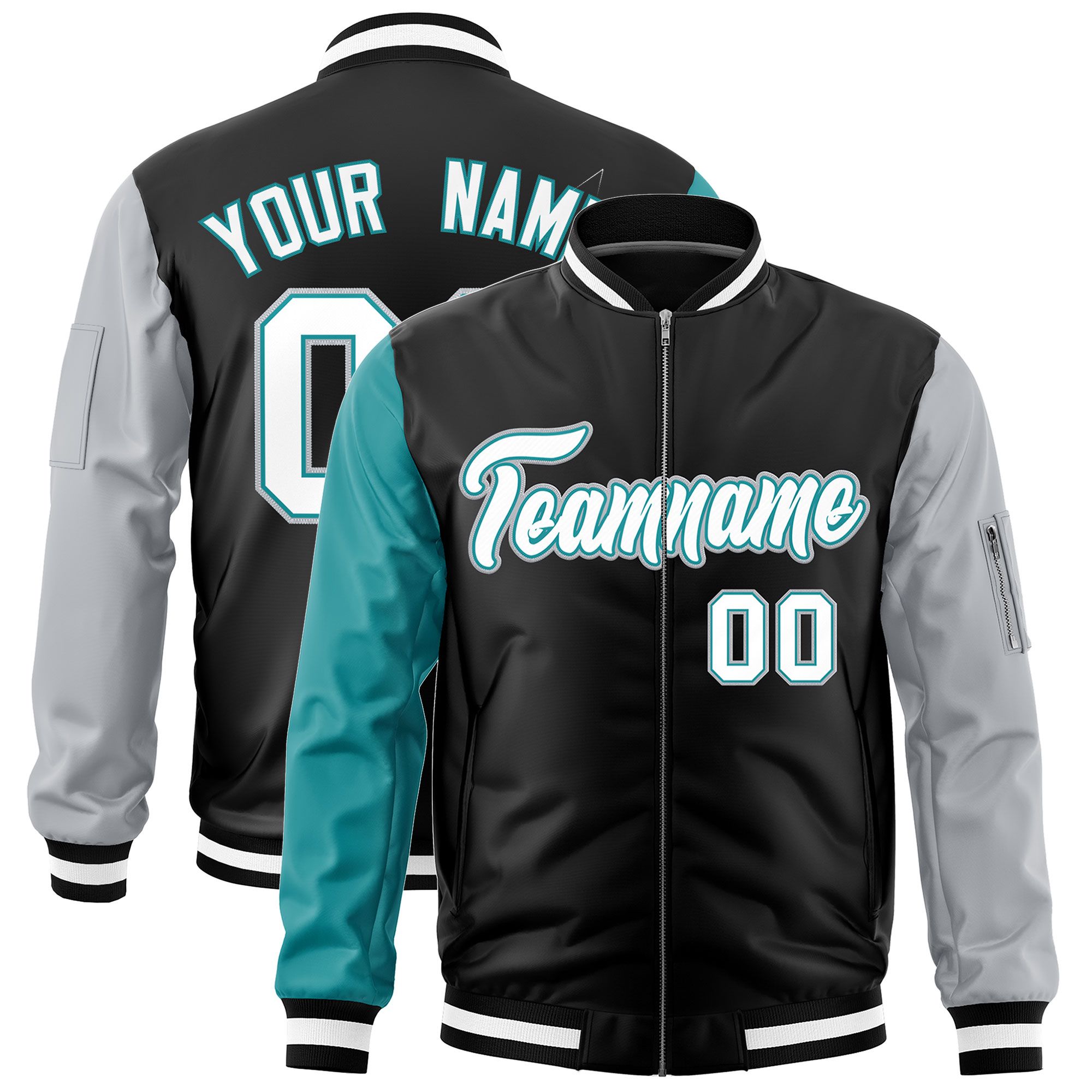 Custom Black Aqua Silver Varsity Full-Zip Raglan Sleeves Letterman Bomber Jacket