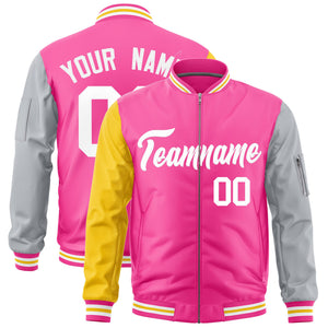 Custom Pink Gold Silver Varsity Full-Zip Raglan Sleeves Letterman Bomber Jacket