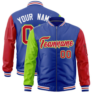 Custom Royal Neon Green Red Varsity Full-Zip Raglan Sleeves Letterman Bomber Jacket