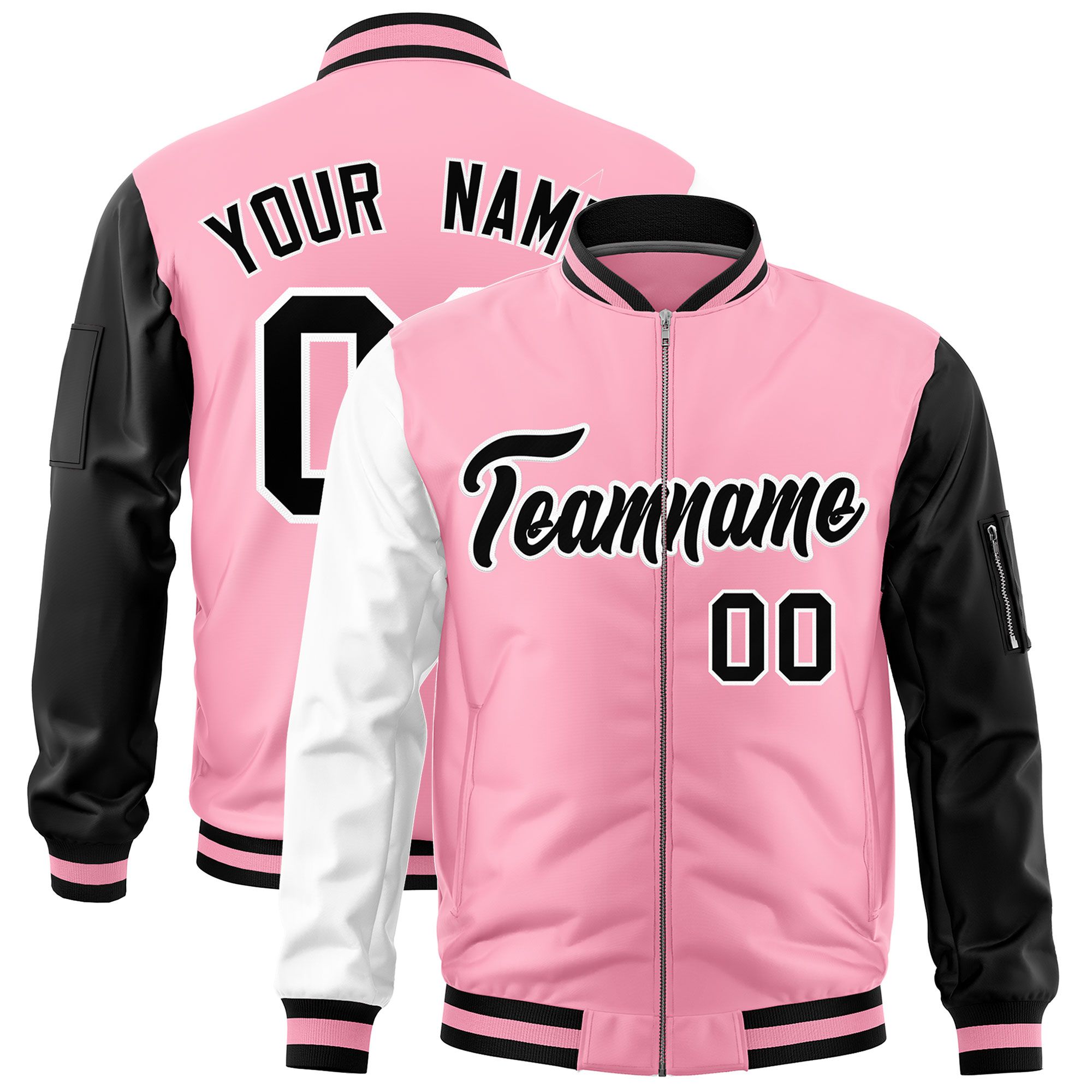 Custom Light Pink White Black Varsity Full-Zip Raglan Sleeves Letterman Bomber Jacket