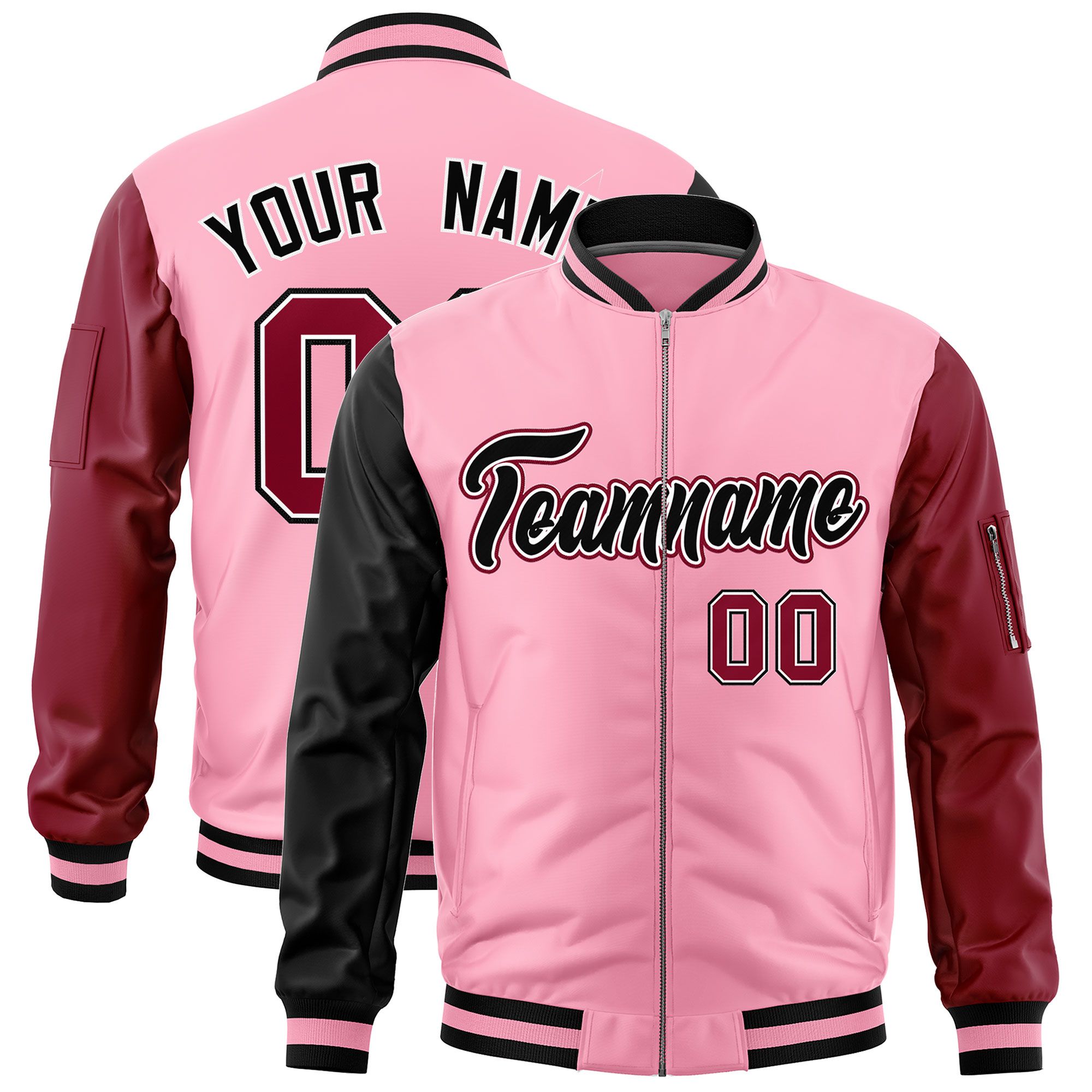 Custom Light Pink Black Crimson Varsity Full-Zip Raglan Sleeves Letterman Bomber Jacket