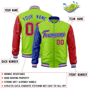 Custom Neon Green Royal Red Varsity Full-Zip Raglan Sleeves Letterman Bomber Jacket