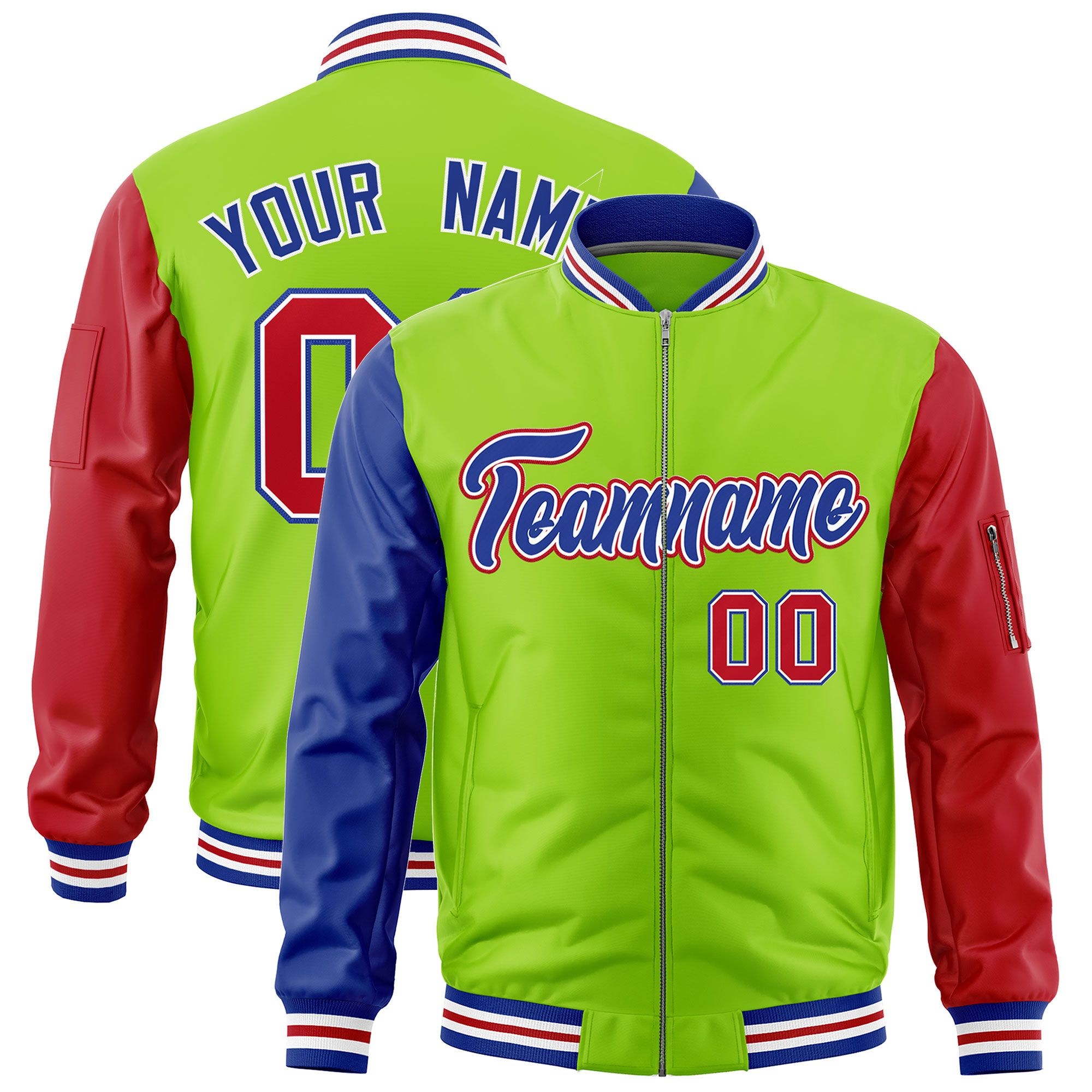 Custom Neon Green Royal Red Varsity Full-Zip Raglan Sleeves Letterman Bomber Jacket