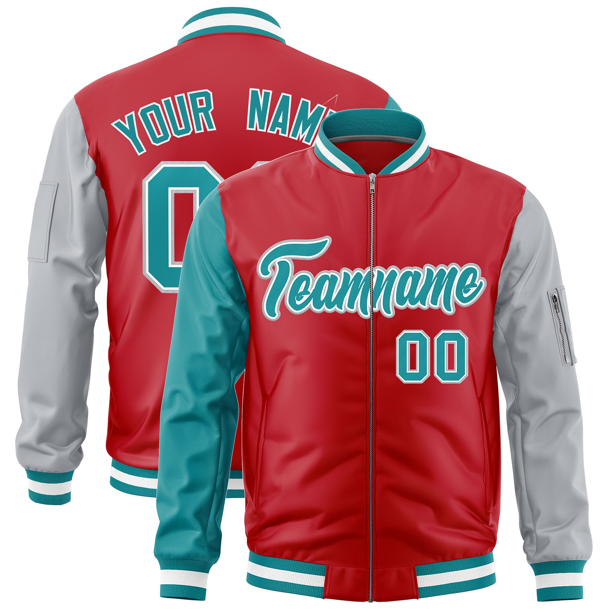 Custom Red Aqua Silver Varsity Full-Zip Raglan Sleeves Letterman Bomber Jacket