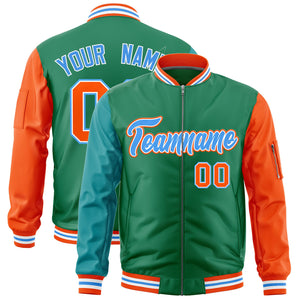 Custom Kelly Green Aqua Orange Varsity Full-Zip Raglan Sleeves Letterman Bomber Jacket